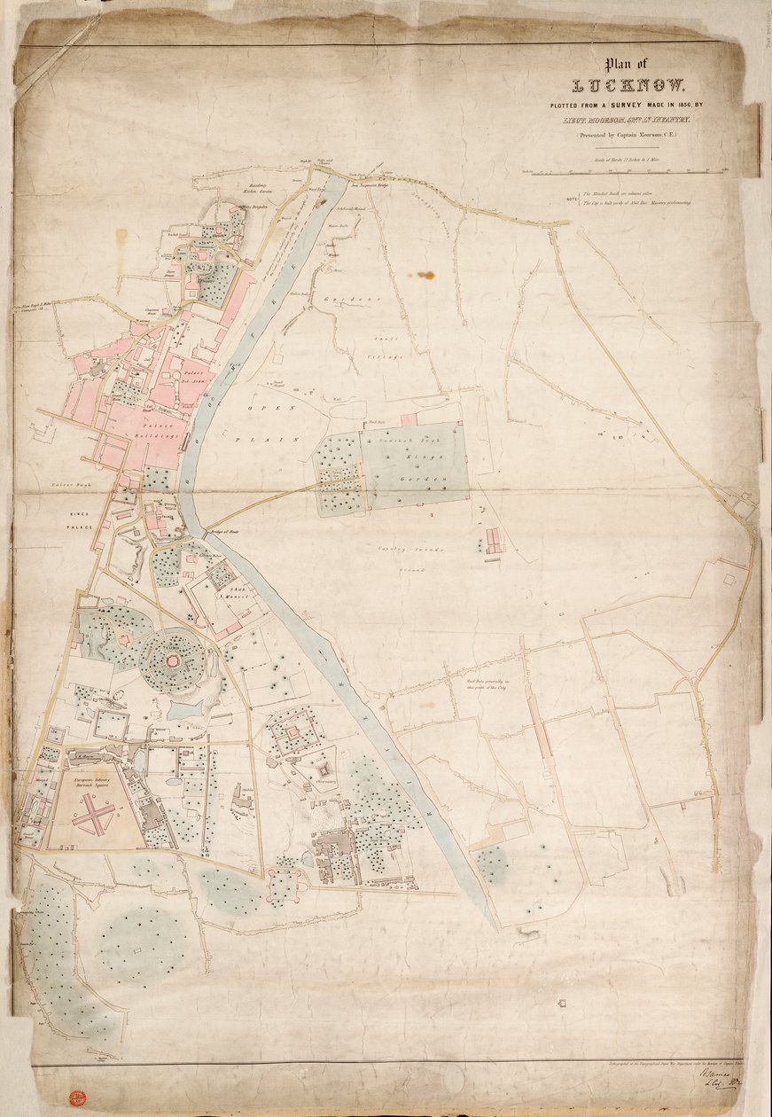 勒克瑙平面图，根据第 52 步兵中尉 Moorsom 1856 年的勘测绘制。中尉绘制。(由上尉 Moorsom，C.E.提交），约 1856 年（丝绸、纸张） 作者 英国学校