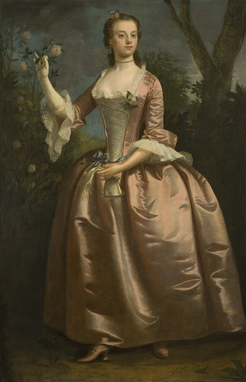 穿粉红色裙子的女士肖像（布面油画 作者 英国学校