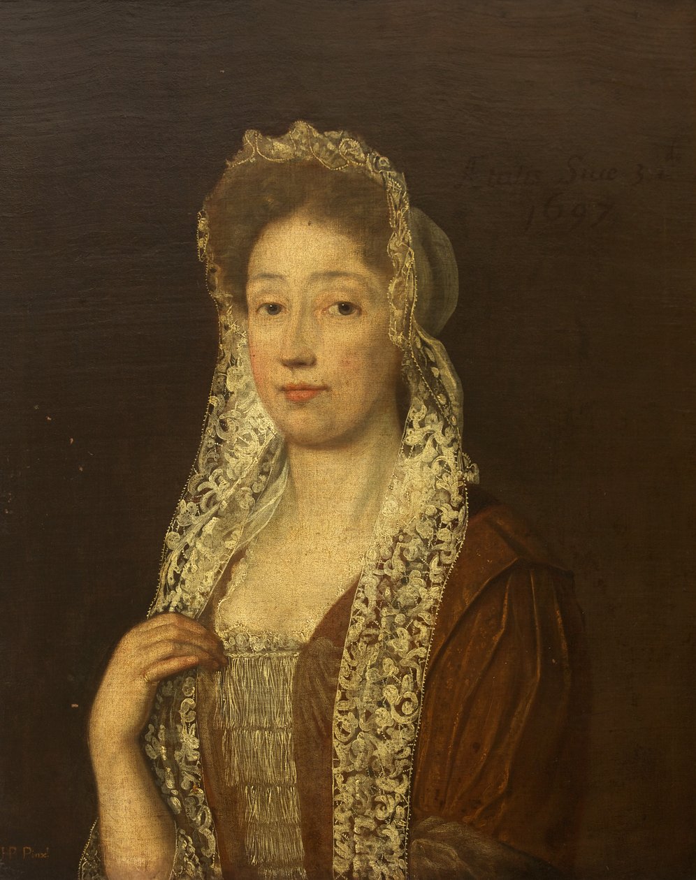 戴着花边帽和弦的女士画像 作者 英国学校