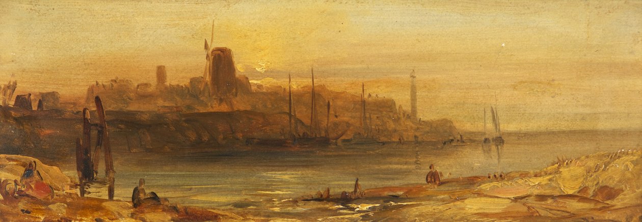 日落：海港和灯塔，约 1825 年（纸面油画，铺在画布上） 作者 英国学校