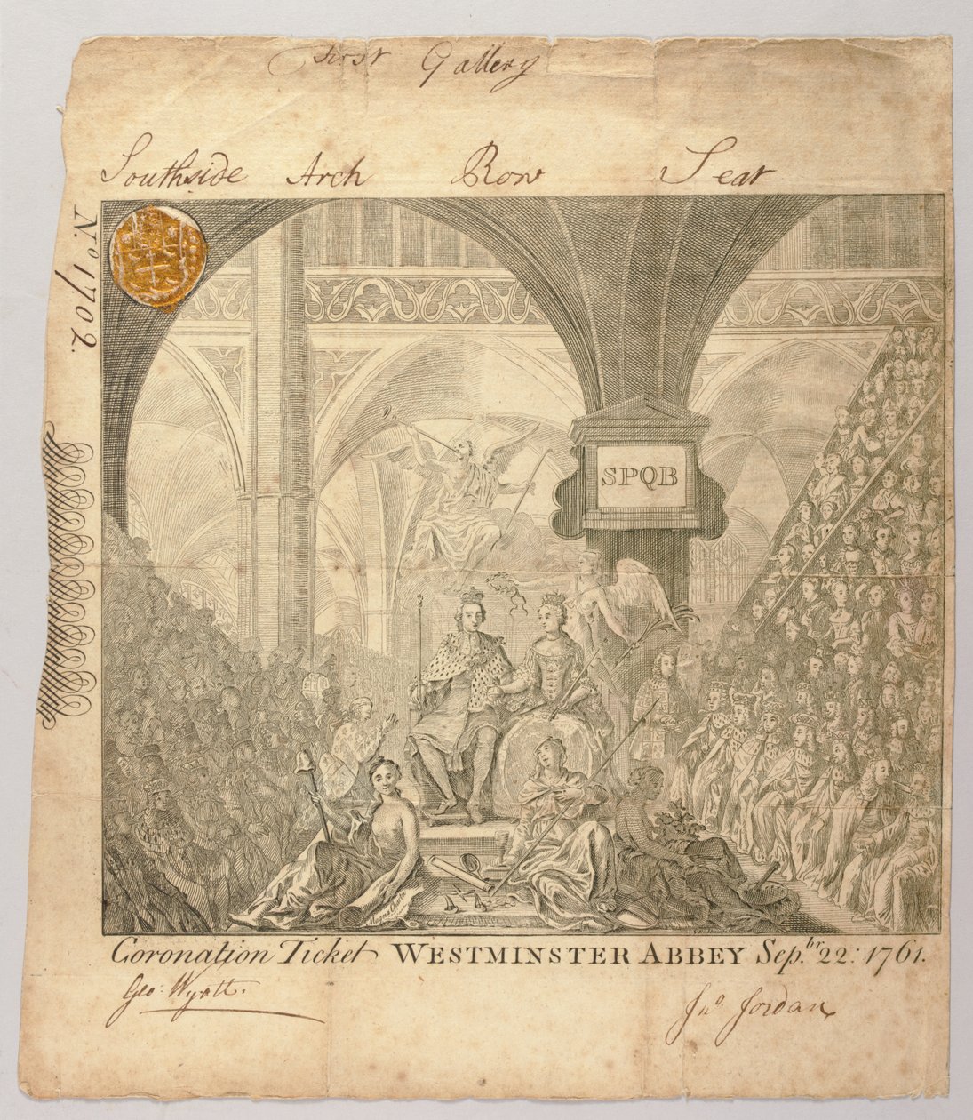 乔治·比克汉姆（George Bickham）于1761年9月22日刻在威斯敏斯特大教堂举行的乔治三世加冕典礼的门票（雕刻） 作者 英国学校
