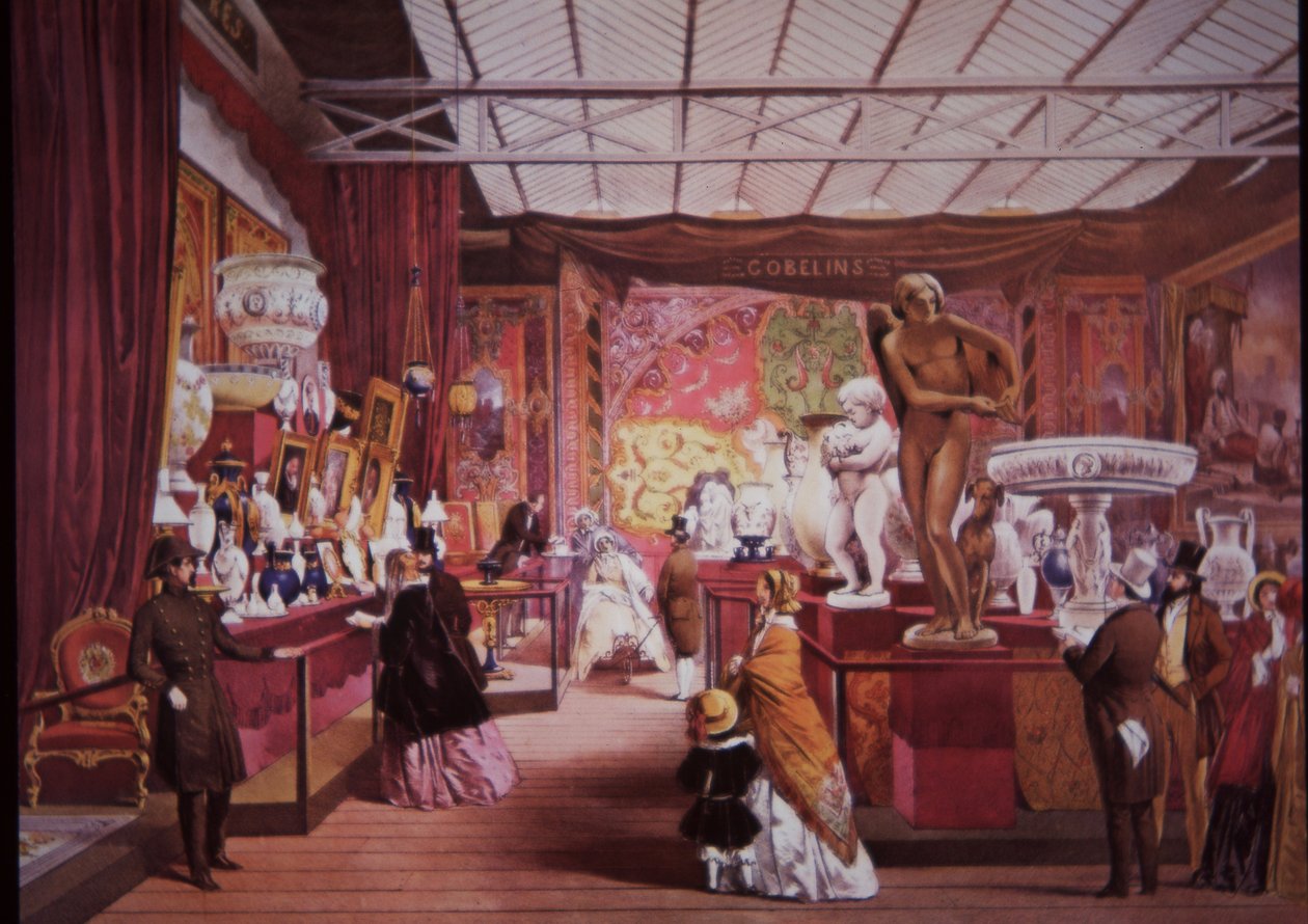 游客们涌向 1851 年的伟大展览，观赏艺术和科学展品 作者 英国学校