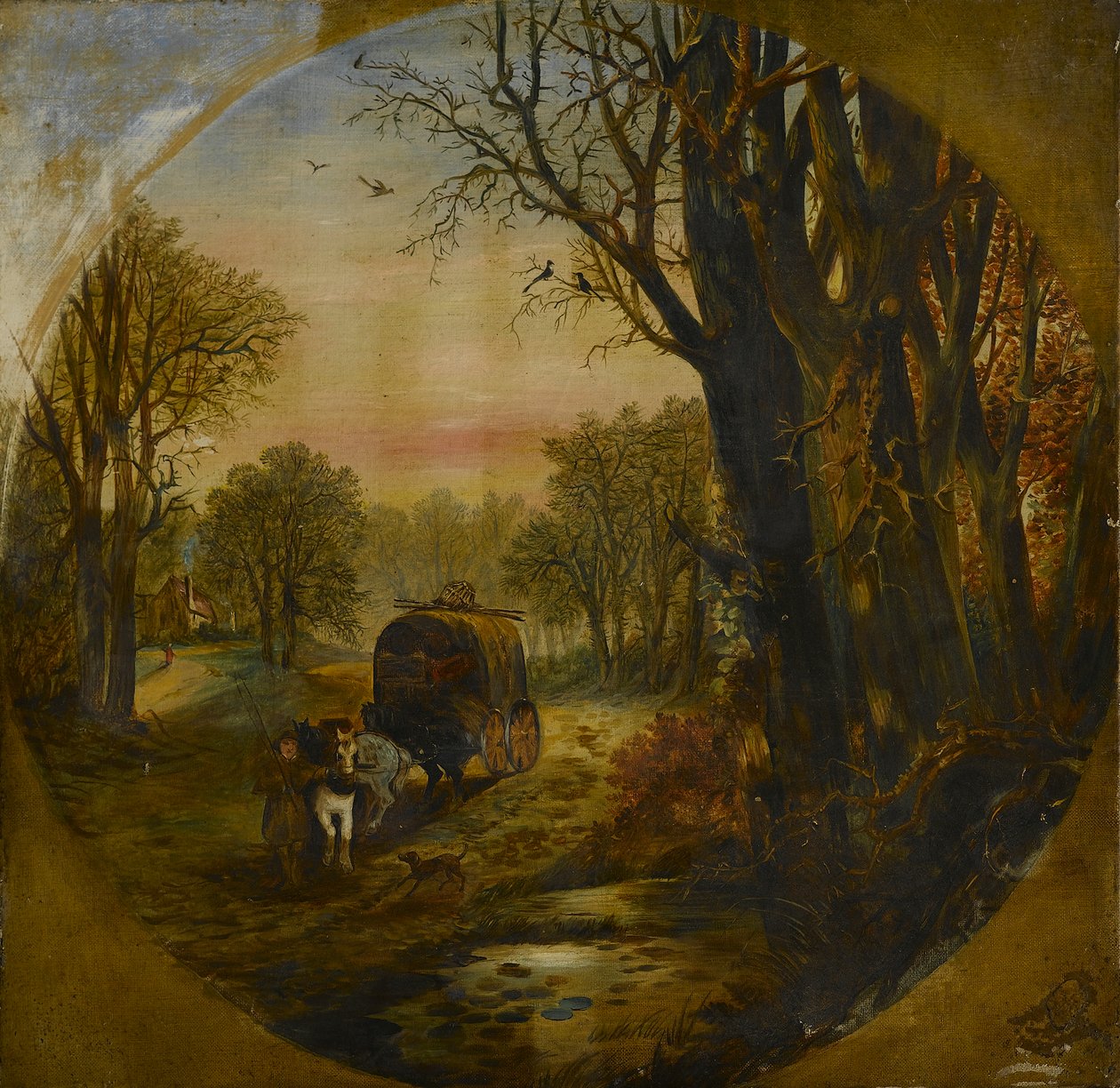有马车的树木繁茂的风景，十九世纪中叶（布面油画） 作者 英国学校