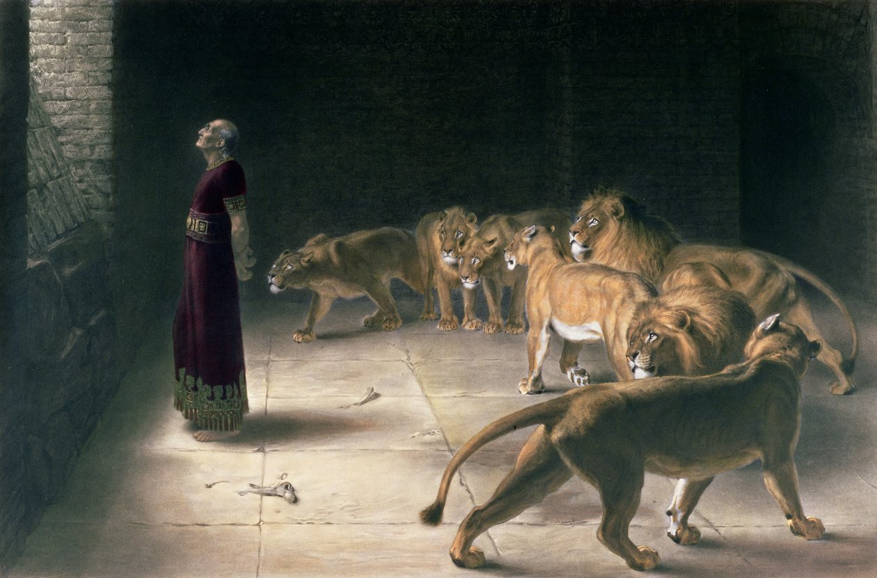 丹尼尔在Lions Den，JB Pratt的mezzotint，手工着色，酒吧。作者：Thomas Agnew and Sons，1892年 作者 英国人里维耶尔