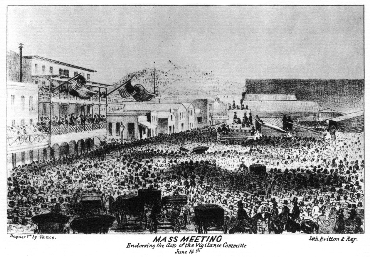 1856年，加利福尼亚州萨克拉曼多，维吉兰特堡外举行群众大会，1856年。 作者 布里顿和雷伊