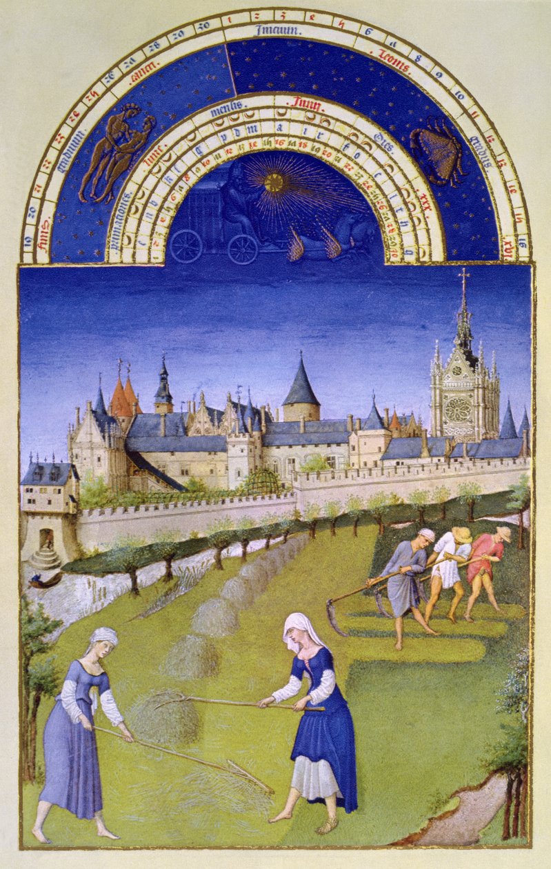 六月的传真。干草制造，来自 "Tres Riches Heures du Duc de Berry"（牛皮纸）（原文见8438）。 作者 林堡兄弟