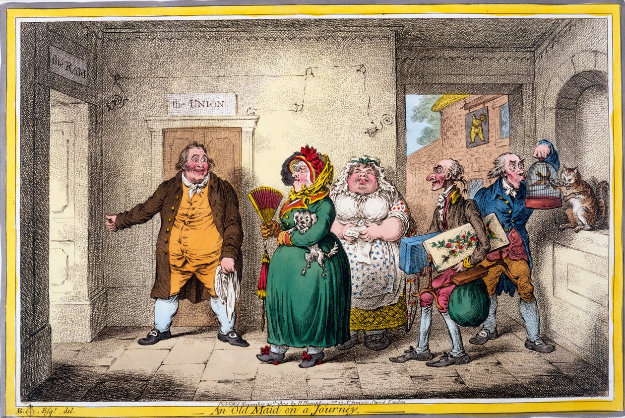 一位旅行中的老女仆，由James Gillray制作，1804年制作（手工彩色雕刻） 作者 北布朗洛
