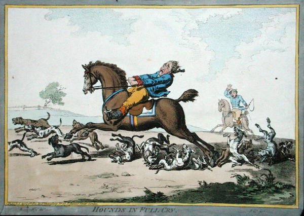 猎犬在欢呼，詹姆斯-吉雷（1757-1815）的蚀刻作品，由汉娜-汉弗莱于1800年出版（手绘蚀刻画）。 作者 布朗洛（后）北