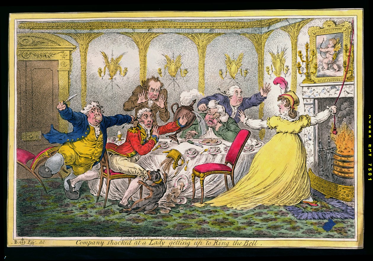 公司震惊于一位女士走向响铃，由詹姆斯·吉尔瑞（James Gillray，1756-1815）蚀刻，由Hannah Humphrey于1804年出版（手工蚀刻） 作者 北布朗洛