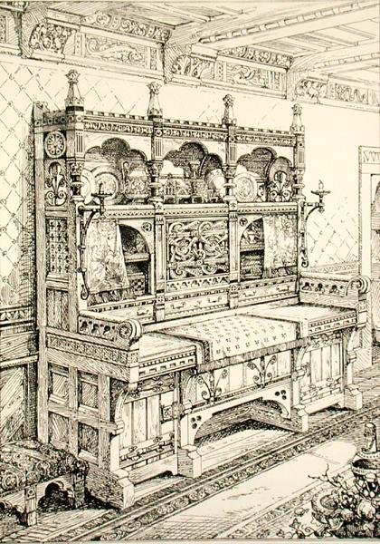 边柜，出自《古代和现代家具实例》，作者布鲁斯-塔尔伯特，石版画作者：S-艾林（石版画）。 作者 布鲁斯·詹姆斯（后）塔尔伯特