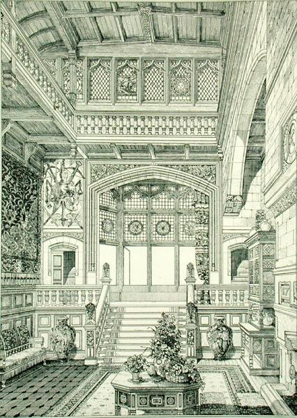 大厅和楼梯，出自《古代和现代家具实例》。 作者 布鲁斯·詹姆斯·塔尔伯特