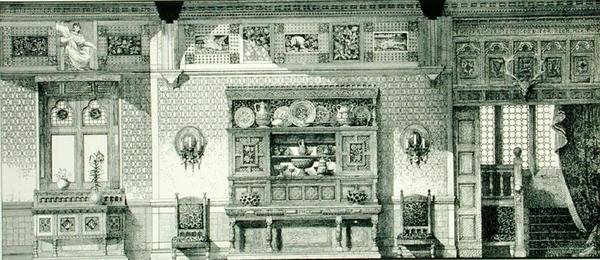 饭厅的侧立面，来自《古代和现代家具实例》。 作者 布鲁斯·詹姆斯·塔尔伯特
