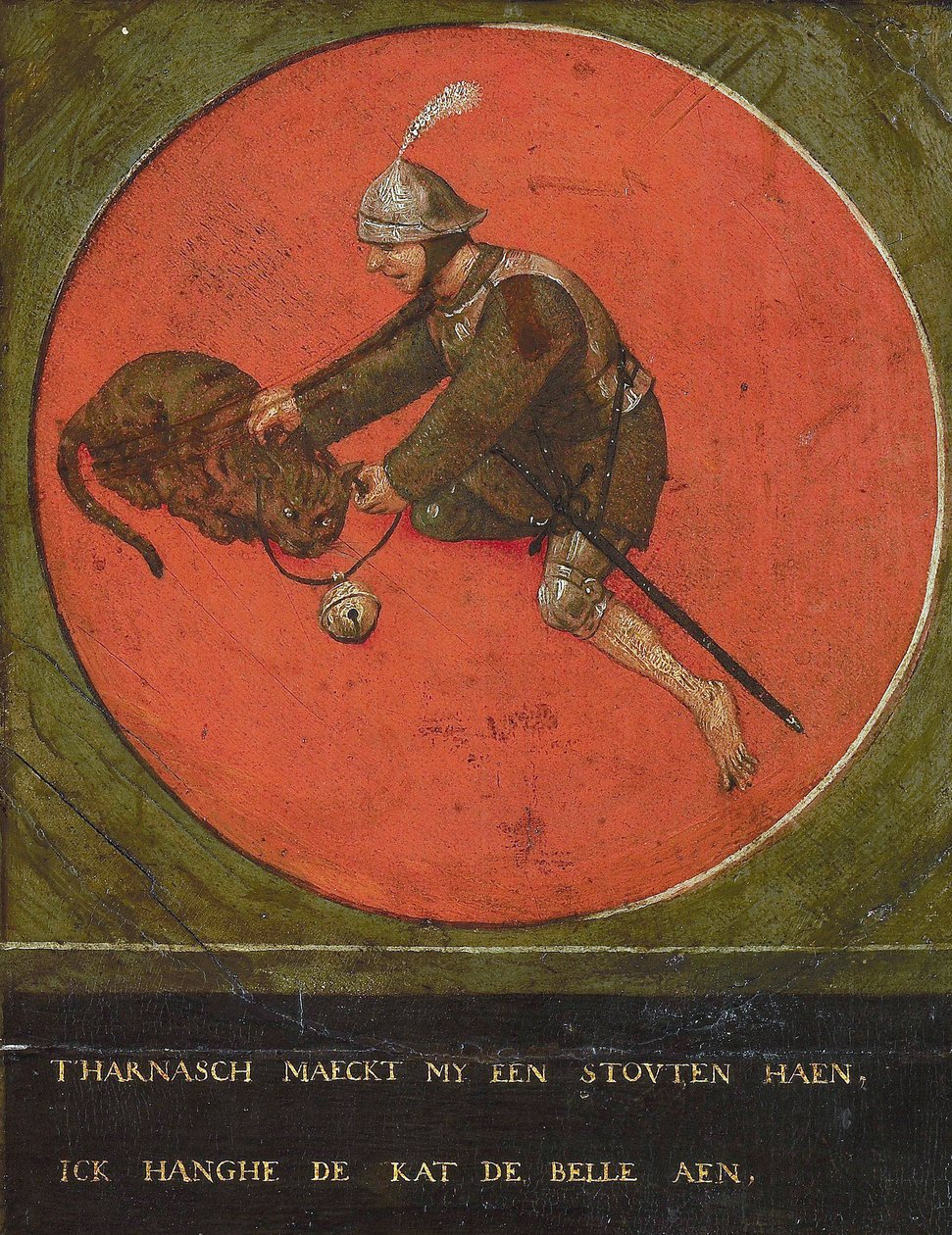 给我一件盔甲，我变得胆大了，足以为这只猫打铃，1558年。 作者 布吕格尔