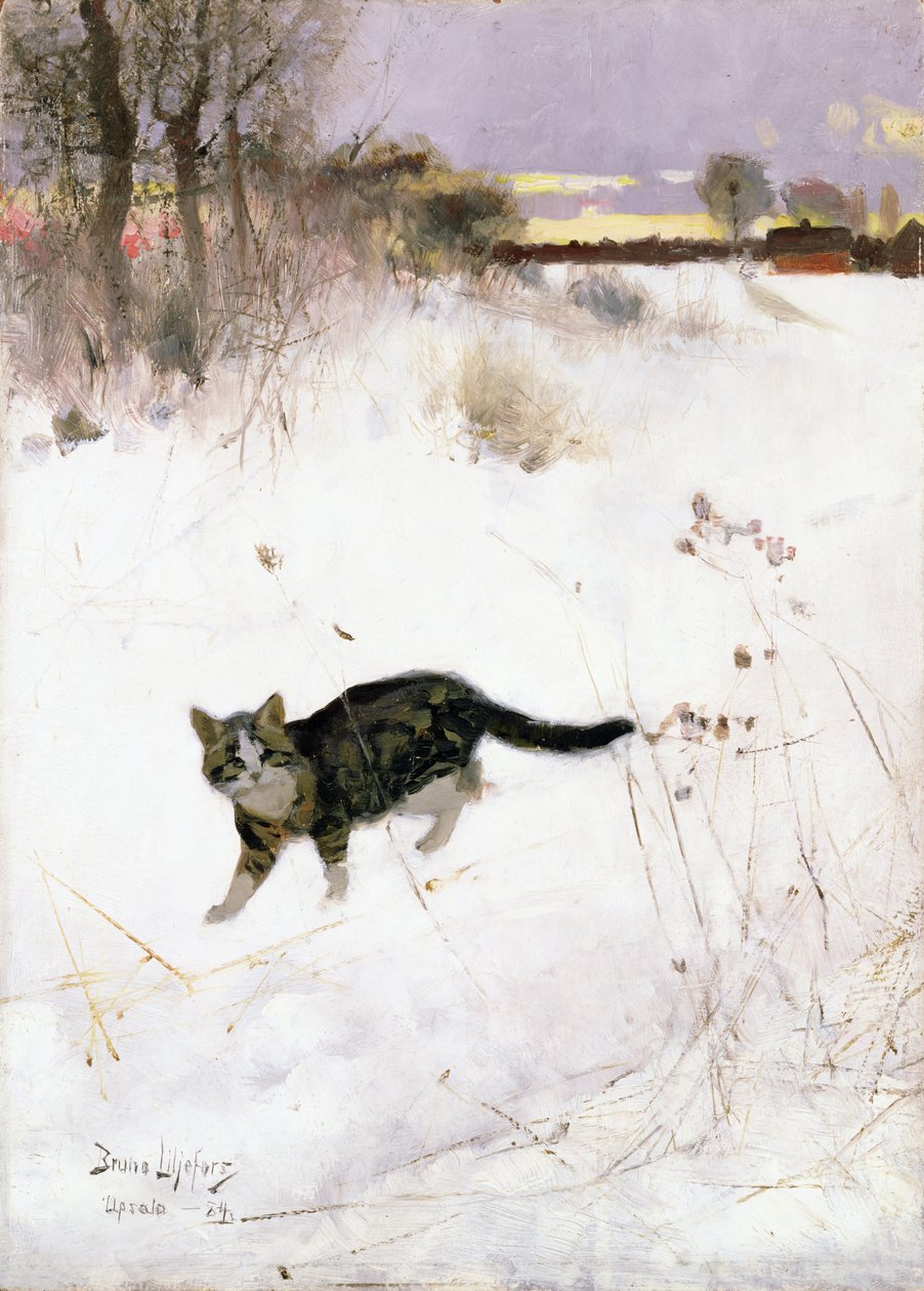 猫追踪雪，1884年（面板） 作者 布鲁诺·安德里亚斯·利耶佛斯（Bruno Andreas Liljefors）