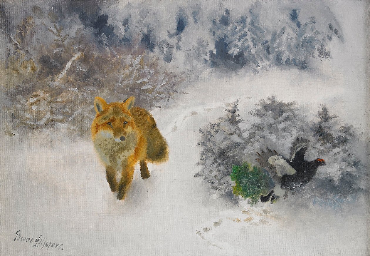 狐狸和黑松鸡公鸡在冬天园林师瑞典语：琥珀和松鸡在冬季景观 作者 布鲁诺·安德里亚斯·利耶佛斯（Bruno Andreas Liljefors）