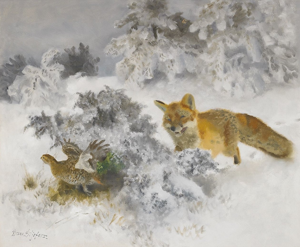 狐狸和黑松鸡他们在冬季景观瑞典：琥珀和orrhona在冬季景观 作者 布鲁诺·安德里亚斯·利耶佛斯（Bruno Andreas Liljefors）