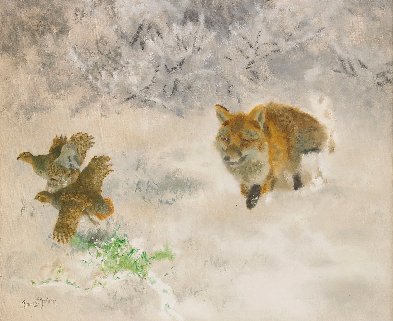 在冬天风景的Rav狩猎松鸡 作者 布鲁诺·安德里亚斯·利耶佛斯（Bruno Andreas Liljefors）