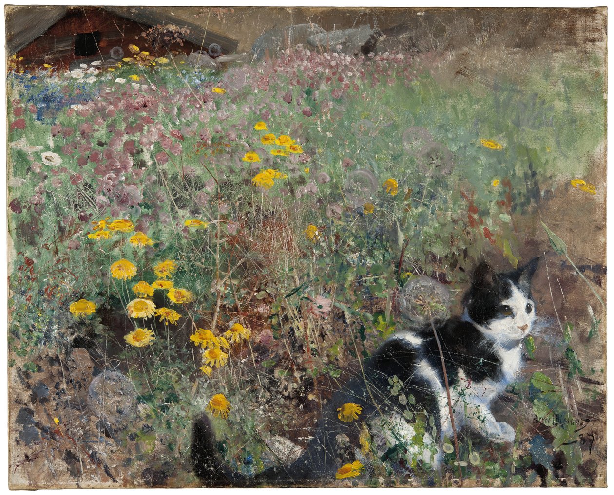 在一个用花装饰的草甸的猫，1887年 作者 布鲁诺·安德里亚斯·利耶佛斯（Bruno Andreas Liljefors）