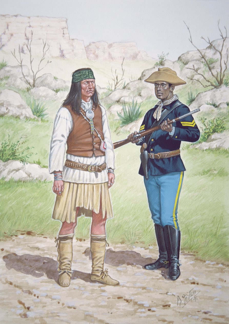 1886 年，一名奇里卡瓦阿帕奇勇士和一名美国骑兵第 10 团下士，选自一套六幅肖像画 作者 布莱恩·福斯顿