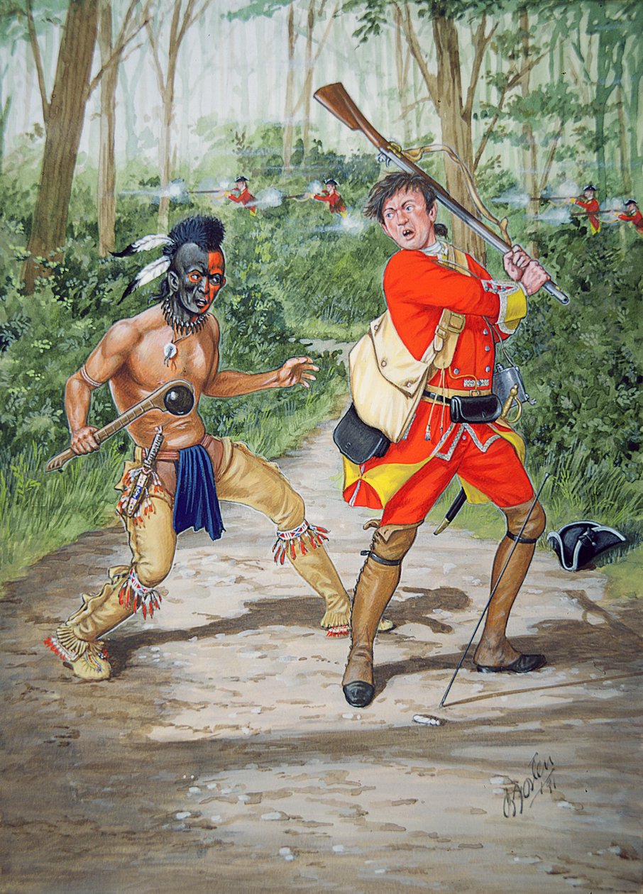 1755 年休伦族战士与第 44 步兵团二等兵的对决，选自一套六幅桌画 作者 布莱恩·福斯顿