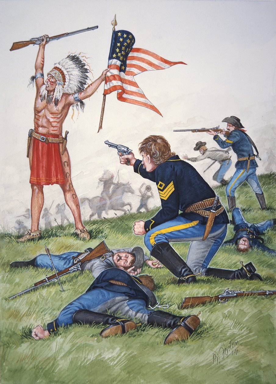 1876 年 6 月 25 日，在小比格霍恩战役中，一名苏族战士与美国骑兵第七团的对决，选自一套六幅肖像画。 作者 布莱恩·福斯顿