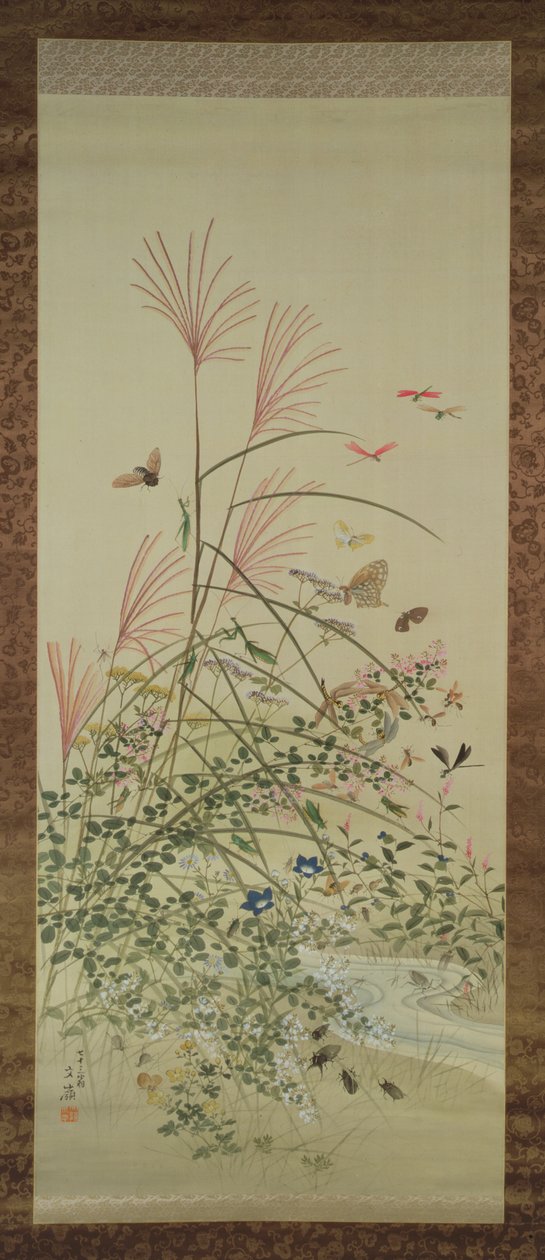 秋天的花朵和昆虫的流，1910年（墨水上的墨水和颜色） 作者 前川文理
