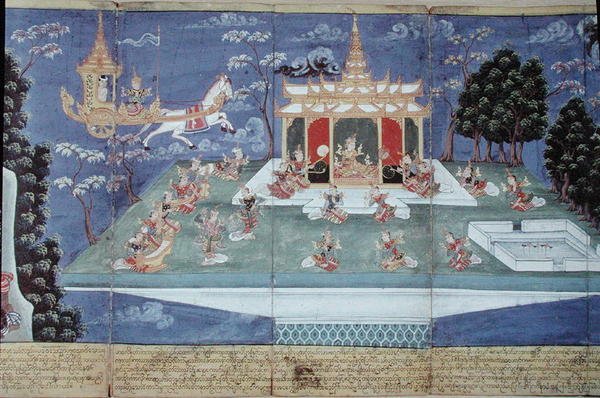 Ma 565 King Nimi在他的神圣战车中由英德拉派出并由天使马塔利领导，从1869年的Nimi Jataka出发，探访天空并找到了无与伦比的美女。 作者 缅甸学校