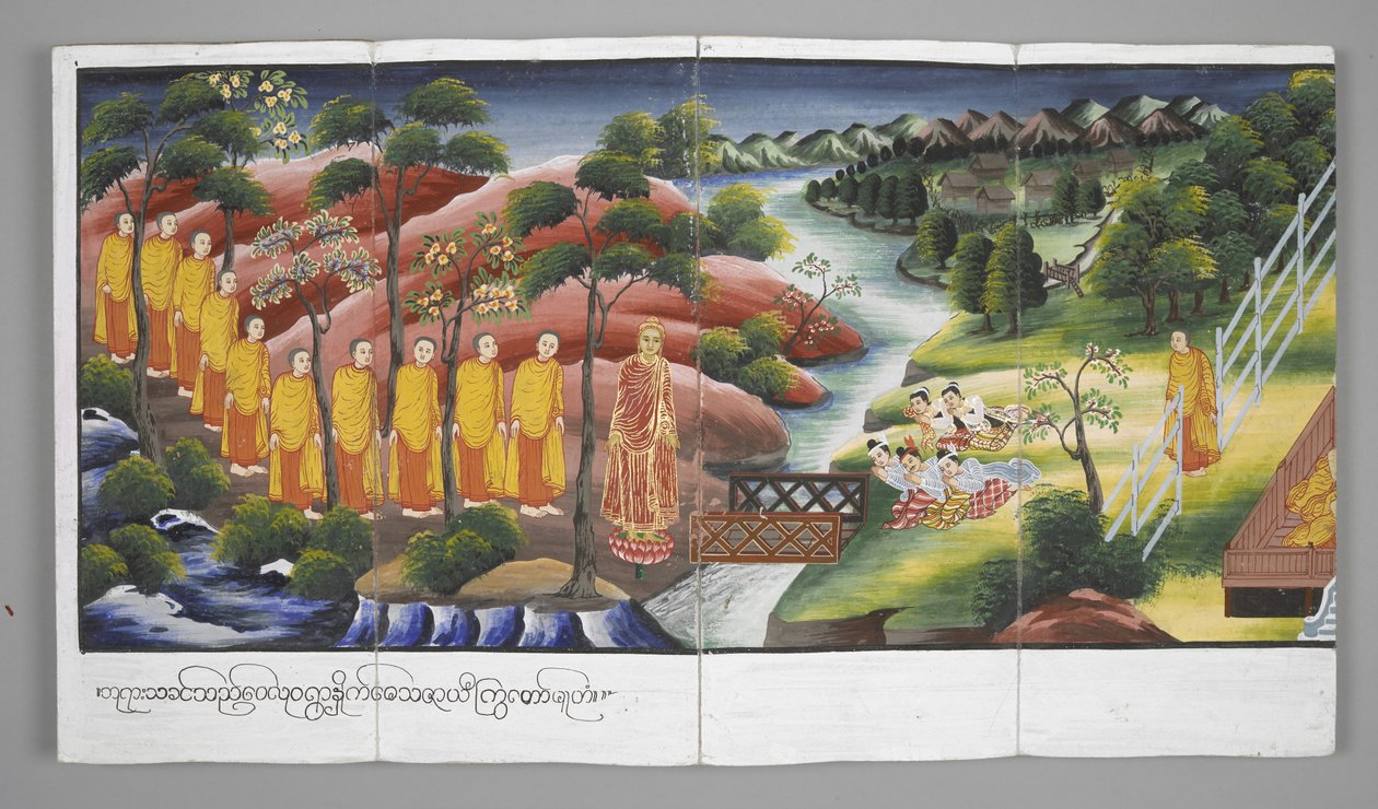 或13534，f.23 僧侣渡河，佛陀生平场景（羊皮纸） 作者 缅甸学校