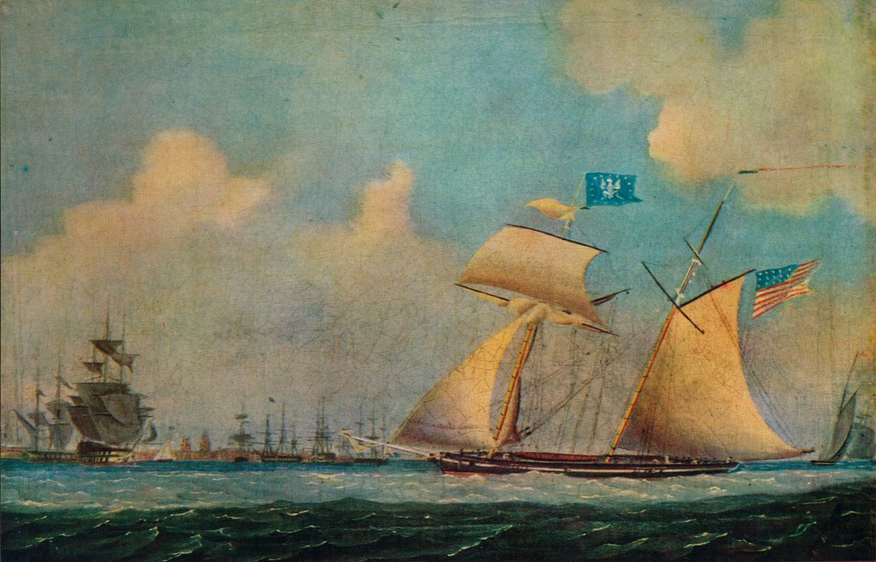 一艘美国私掠船和其他船只在港口附近》，约1815年。 作者 伯顿