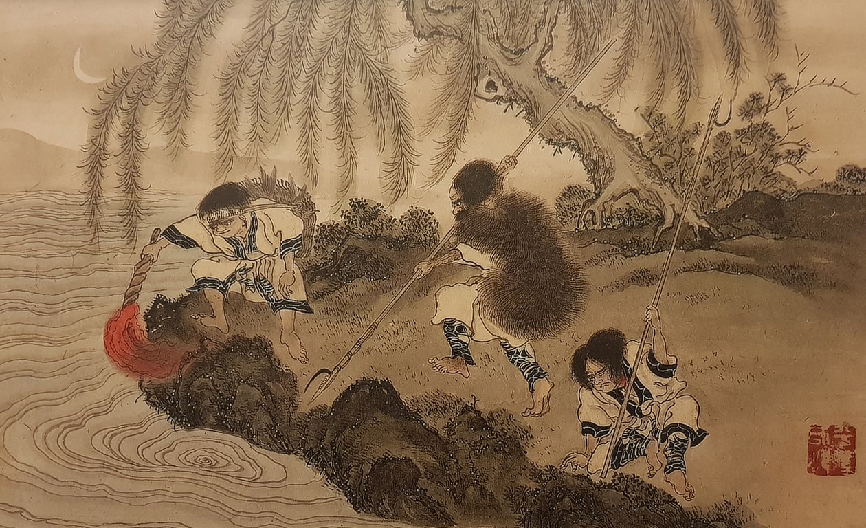 用点燃的火把钓鱼。选自《阿伊努人》系列，19世纪下半叶。 作者 平泽兵山