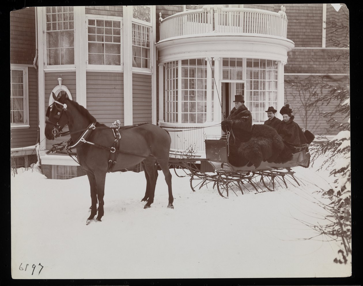 1899年纽约Tuxedo公园威斯特摩兰戴维斯住宅前的马拉雪橇（银色明胶印刷） 作者 拜伦公司