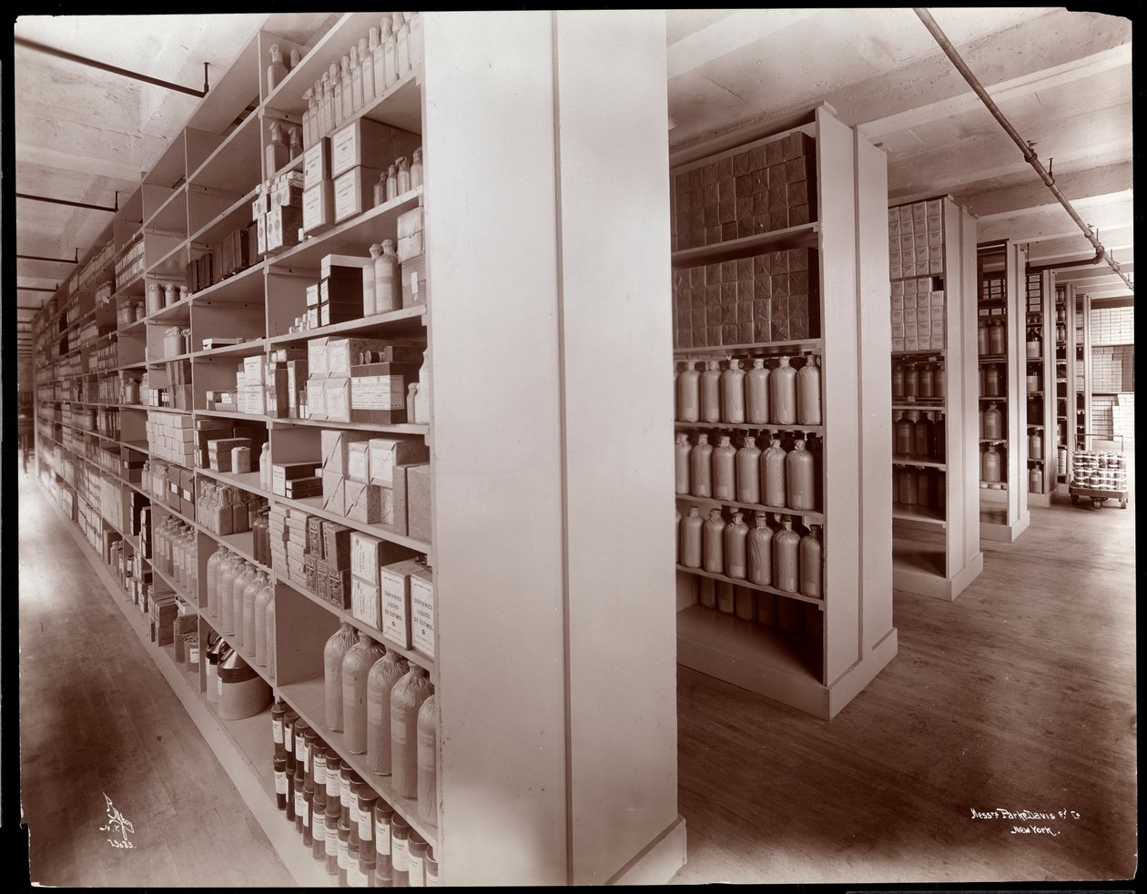 Parke，Davis und Co.，化学家，Hudson und Vestry Streets，纽约，化学储藏室的内部视图，1910年（银色明胶印刷品） 作者 拜伦公司