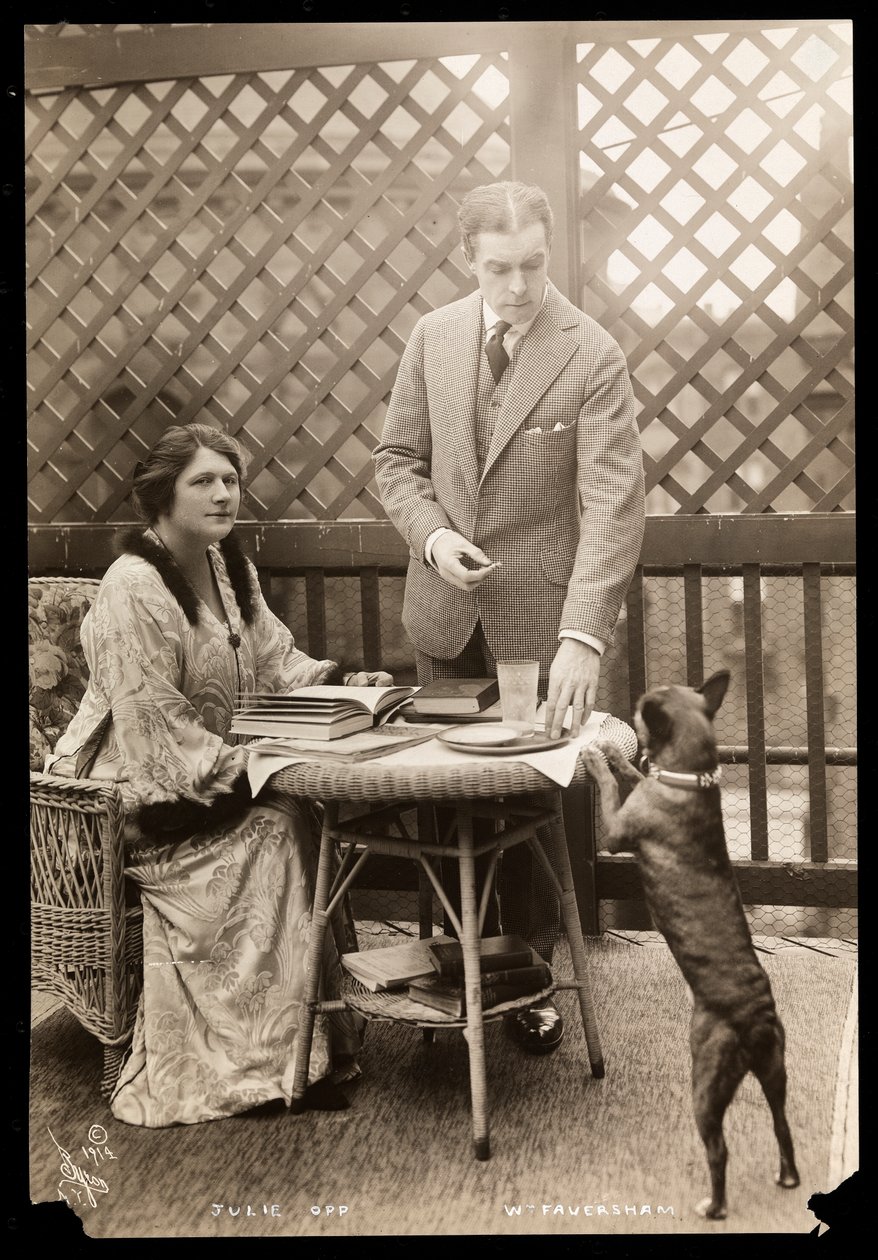 Julie Opp和William Faversham与他们的波士顿梗，1914年（银色明胶印刷品） 作者 拜伦公司