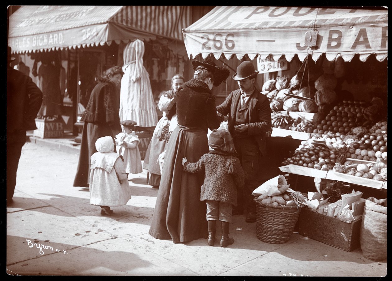 观点的妇女与孩子在水果和蔬菜摊位购物在266 7th Avenue，纽约，c.1900（银色明胶印刷品） 作者 拜伦公司
