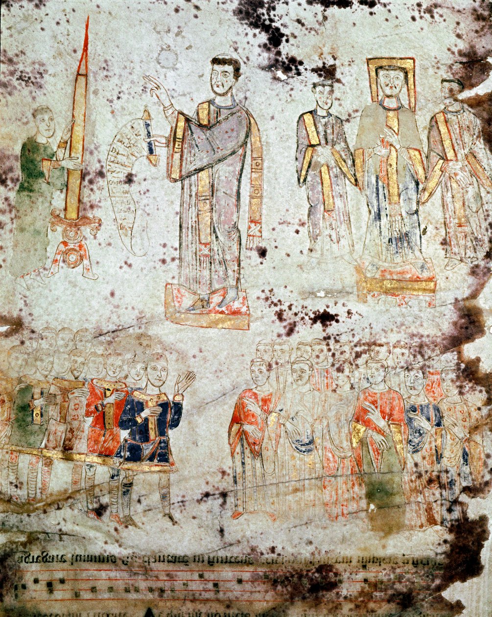 拜占庭艺术。"意大利Gaete（Gaeta）市的Eveque、神职人员和领主（patricius）出席的复活节蜡烛祝福仪式"，11世纪初 "Exultet "的微型画，博物馆。 作者 拜占庭