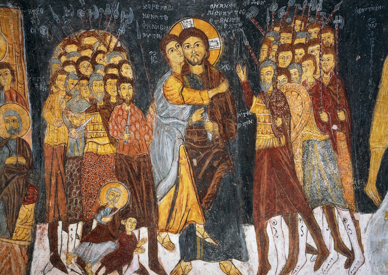 犹大之吻，拜占庭壁画（1212年），Gulsehir Karsi Kilise（圣约翰教堂），Goreme（联合国教科文组织世界遗产名录）。 作者 拜占庭
