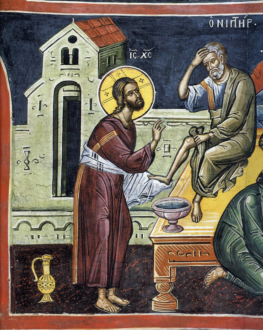 基督为使徒洗脚 - 拜占庭大师 - 16 世纪 - 壁画 - Dionysiou monastery, Mount Athos 作者 拜占庭