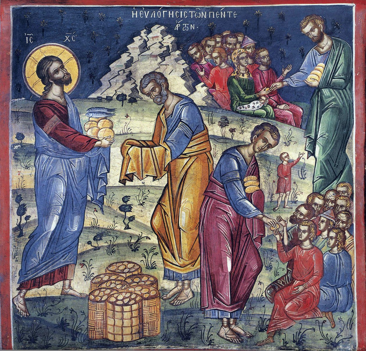 La multiplication des pains - 五饼二鱼的奇迹 - 拜占庭大师 - 16世纪 - 壁画 - Dionysiou monastery, Mount Athos 作者 拜占庭