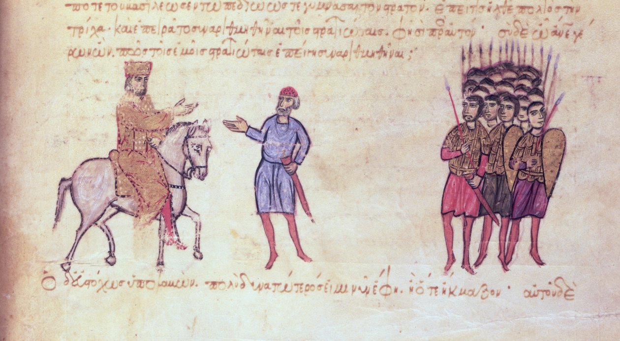 MMS Vitr 26-7拜占庭军队从马德里Skylitzes（牛皮纸上的墨水和黄金）飞向Tzar Krum的保加利亚人 作者 拜占庭学派