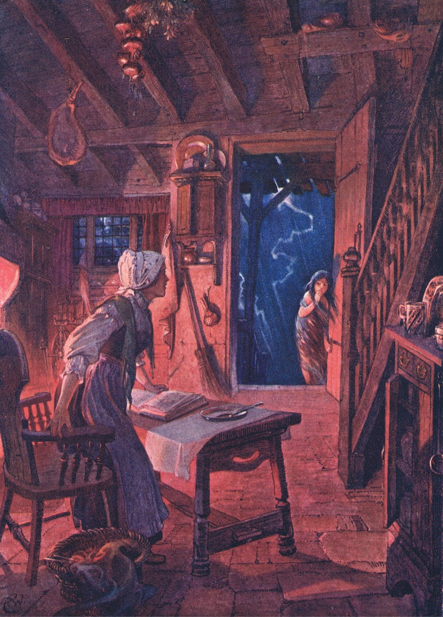 门开了，在门槛上，受惊的女人看到一个年轻女孩，来自The Child of the air pub.by Duckworth，1910 作者 C.威廉