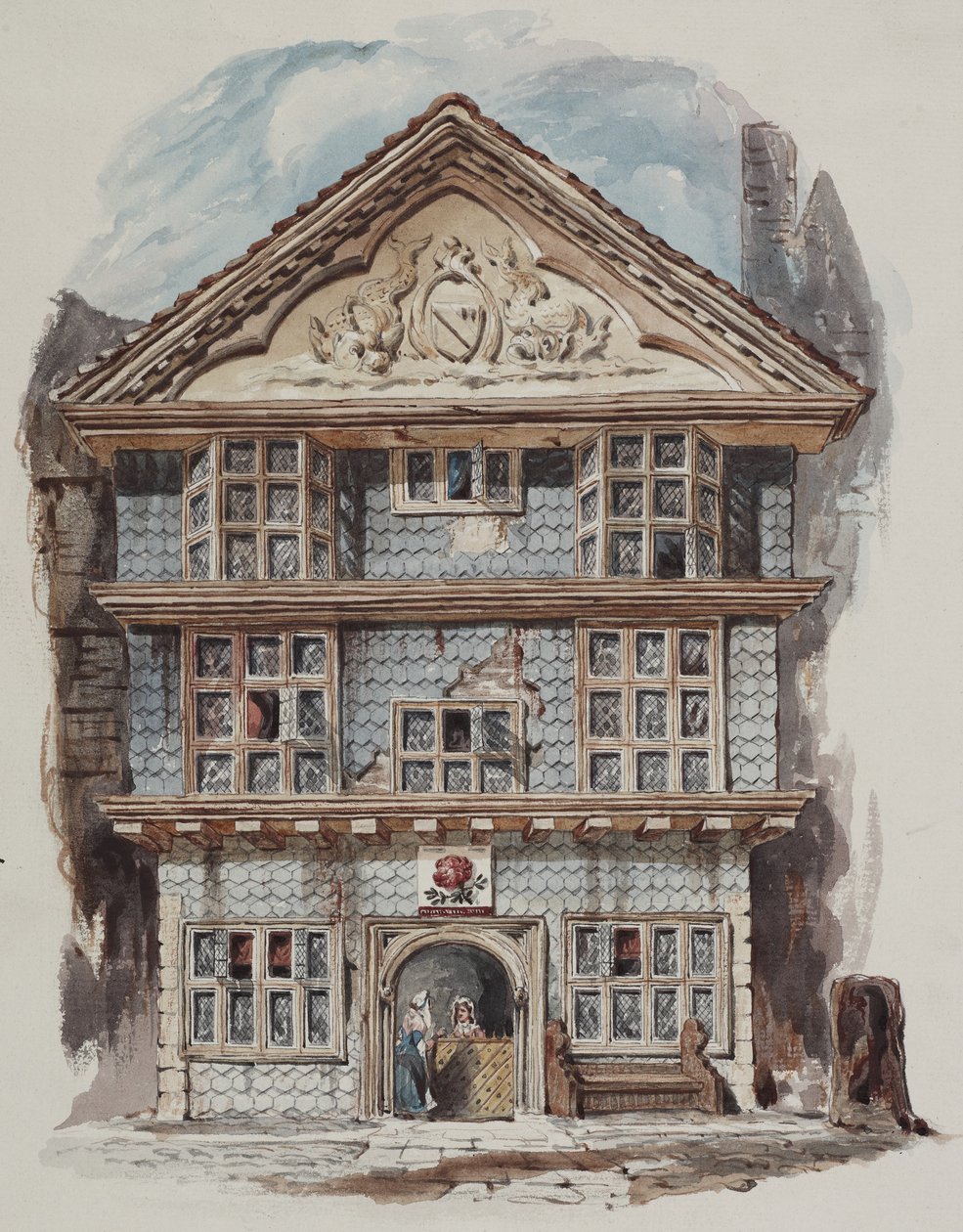 1730年Fenchurch街玫瑰酒馆的回顾性视图，c.1805（纸上写着 作者 威廉姆斯