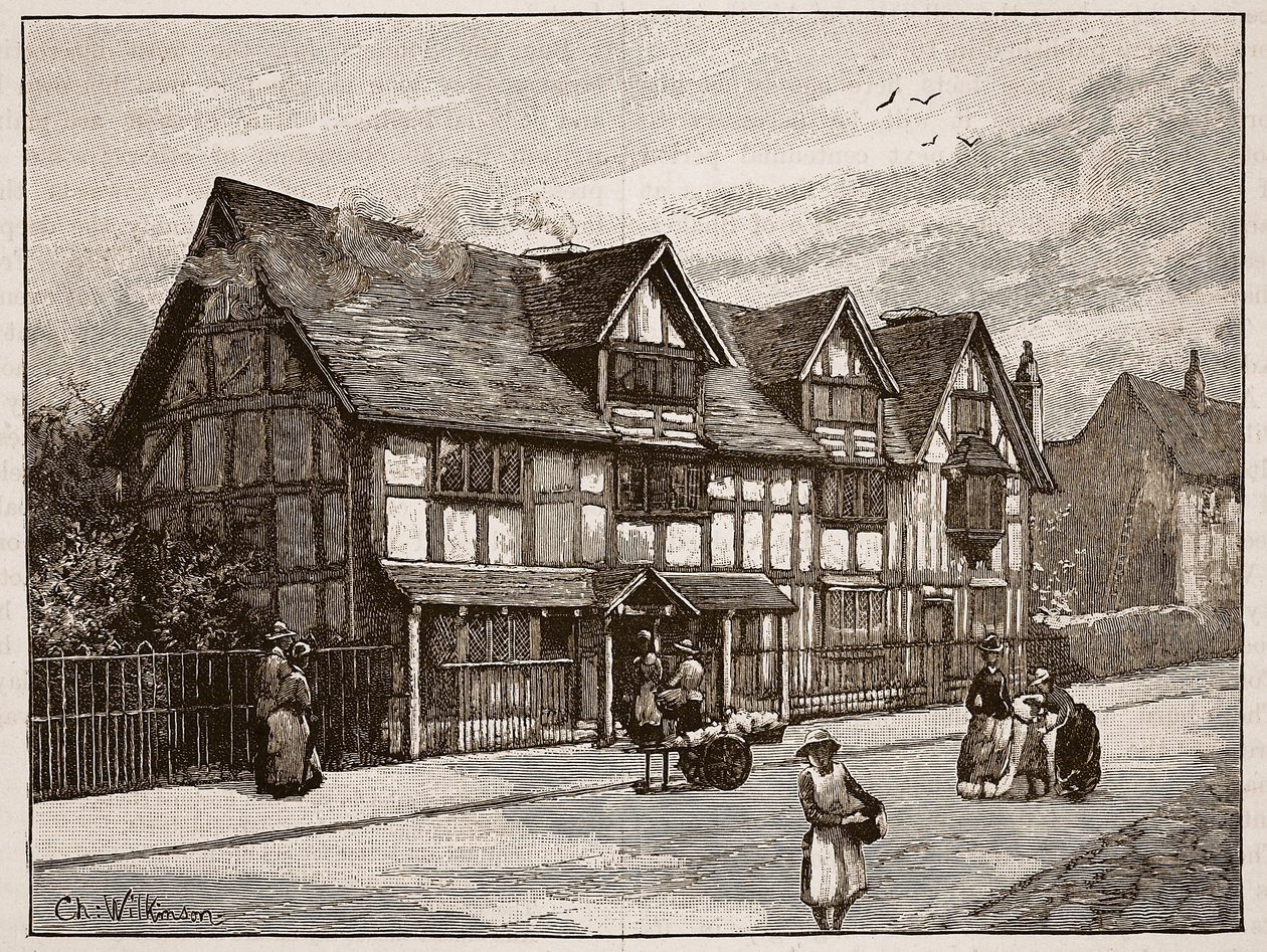 莎士比亚出生的埃文河畔斯特拉特福（Stratford-on-Avon）的房子，来自“卡塞尔的英国插图历史”的插图（棕褐色照片） 作者 威尔金森
