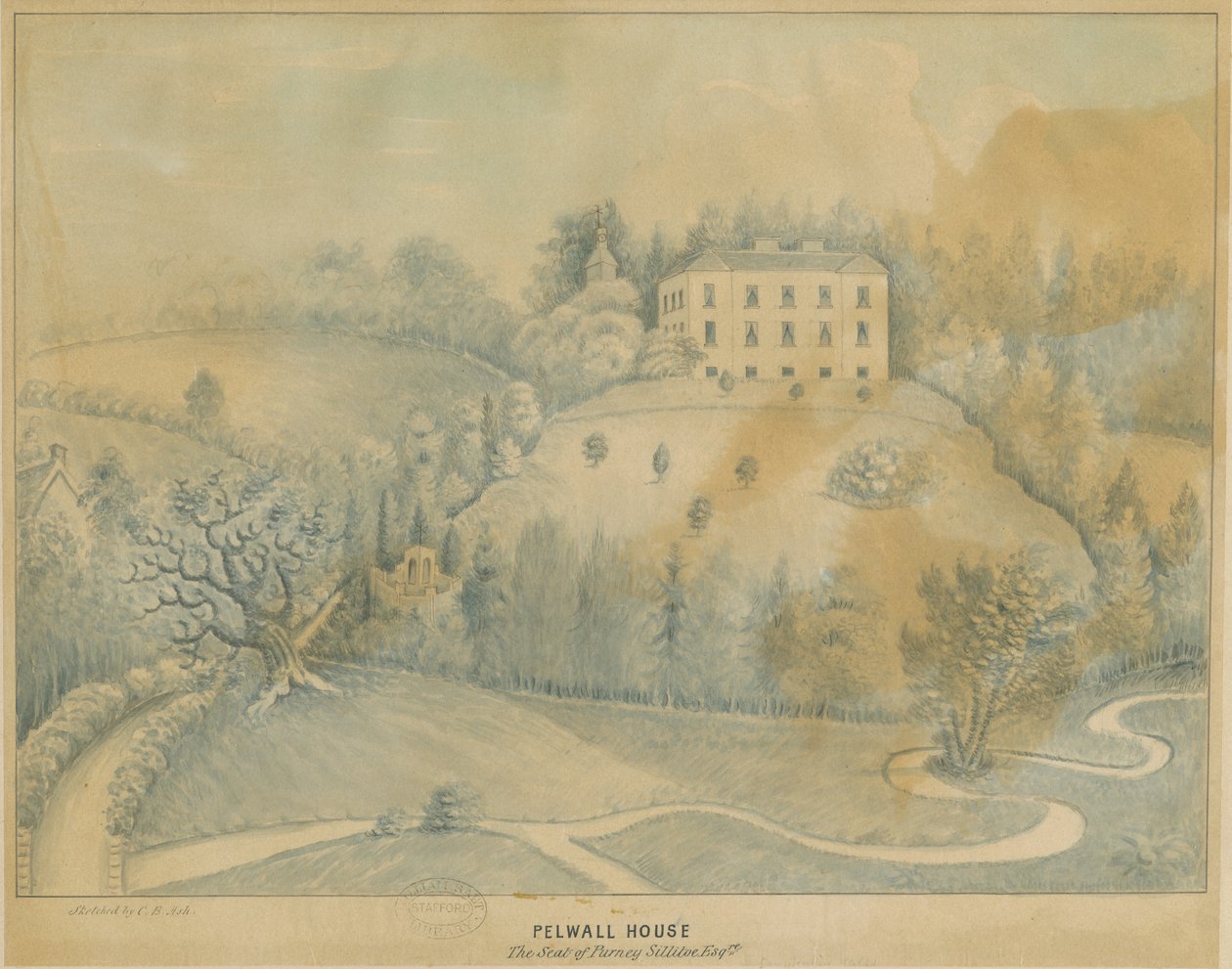 Drayton-in-Hales-Pelwall House：蓝色水墨画，nd [？19th] 作者 炭黑灰