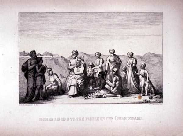 荷马在1849年由B.Barloccini雕刻的Chian Strand上的人民唱歌 作者 珀金斯