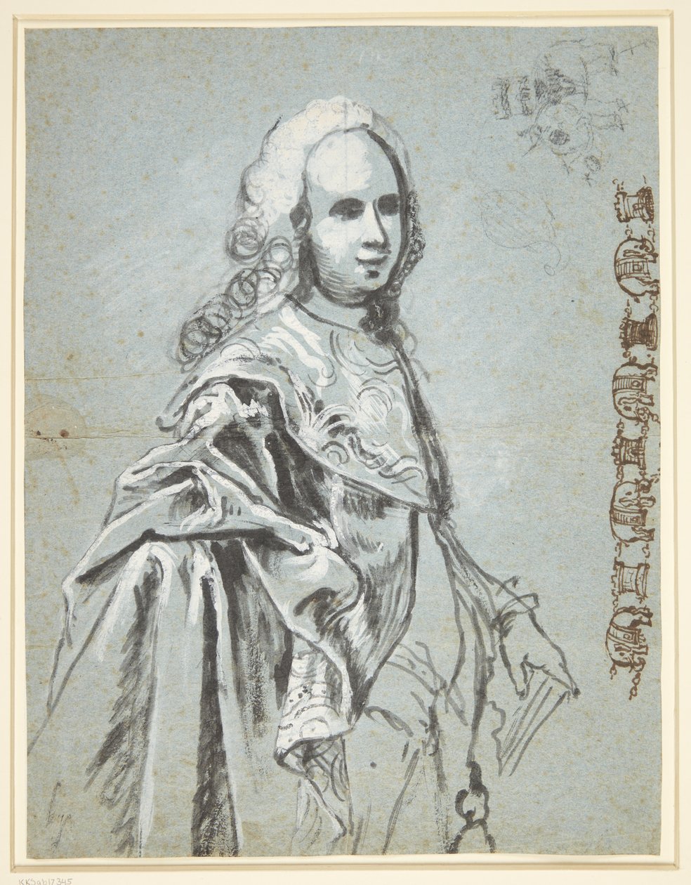 肖像研究，可能由 A.G.莫尔特克；叶子右侧是对大象骑士团链条的研究 作者 CG皮洛