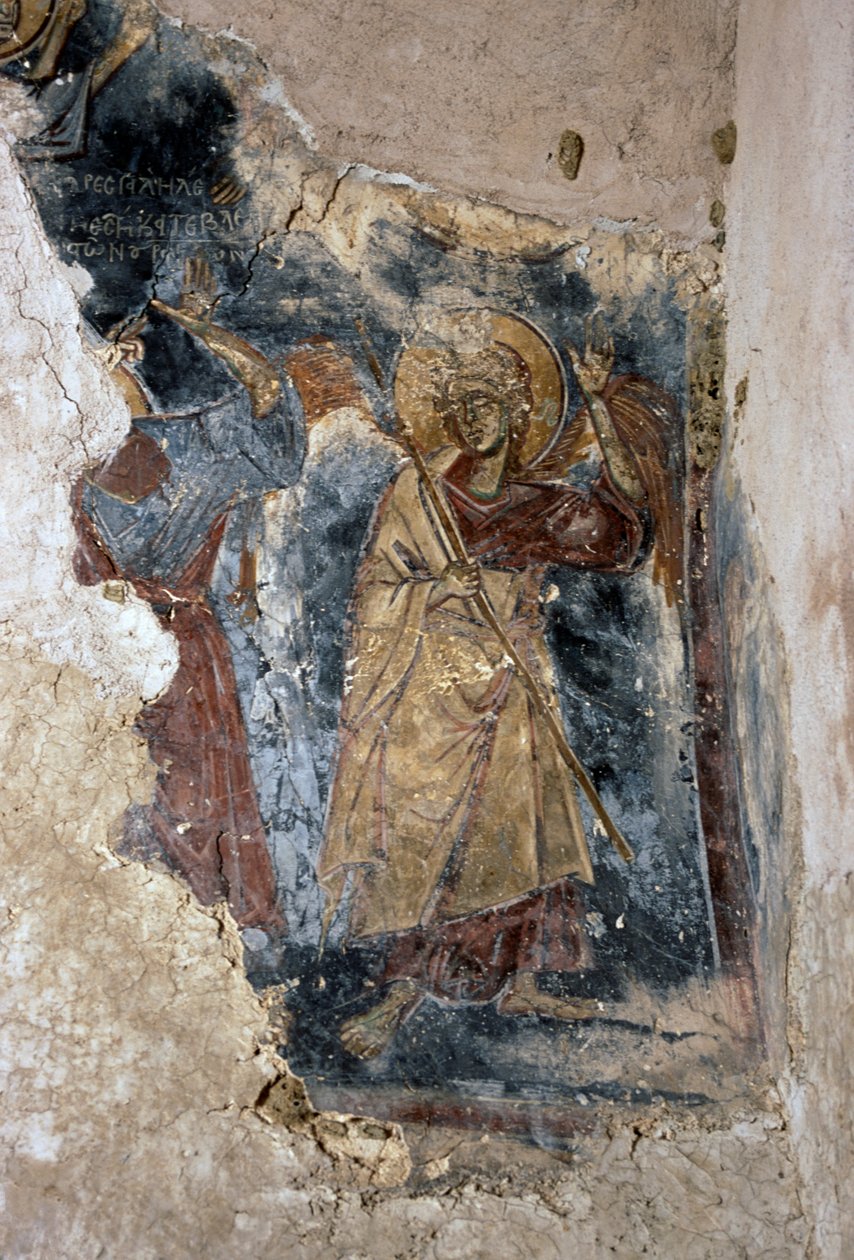 天使和圣人，希腊克里特岛阿波杜鲁Agios Georgios Apodoulou教堂壁画的细节（照片）。 作者 JB 和 Brown J. 和 Rowbotham