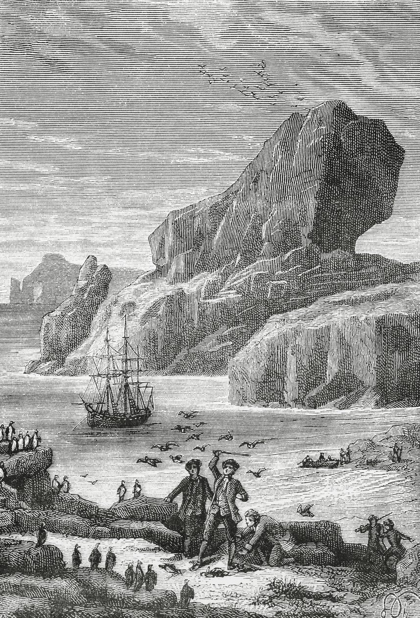 法国探险家Yves-Joseph de Kerguelen-Tremarec（1734-1797）发现南法（凯尔盖朗群岛），1772年2月，版画，印度洋，法国南部和南极地区领土 作者 JB 和 Brown J. 和 Rowbotham