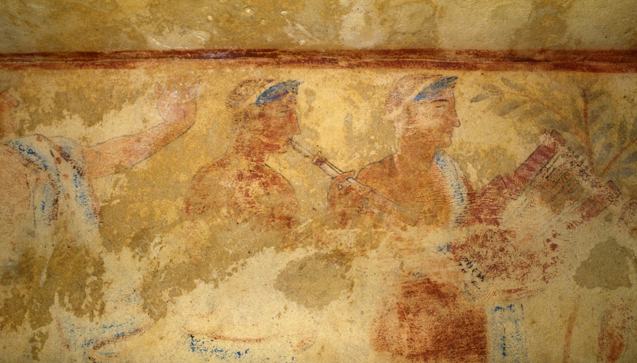 音乐家，壁画，细节，蓝色恶魔之墓，塔尔基尼亚墓园（联合国教科文组织世界遗产名录，2004），意大利拉齐奥。伊特鲁里亚文明，公元前5世纪(照片) 作者 JB 和 Brown J. 和 Rowbotham