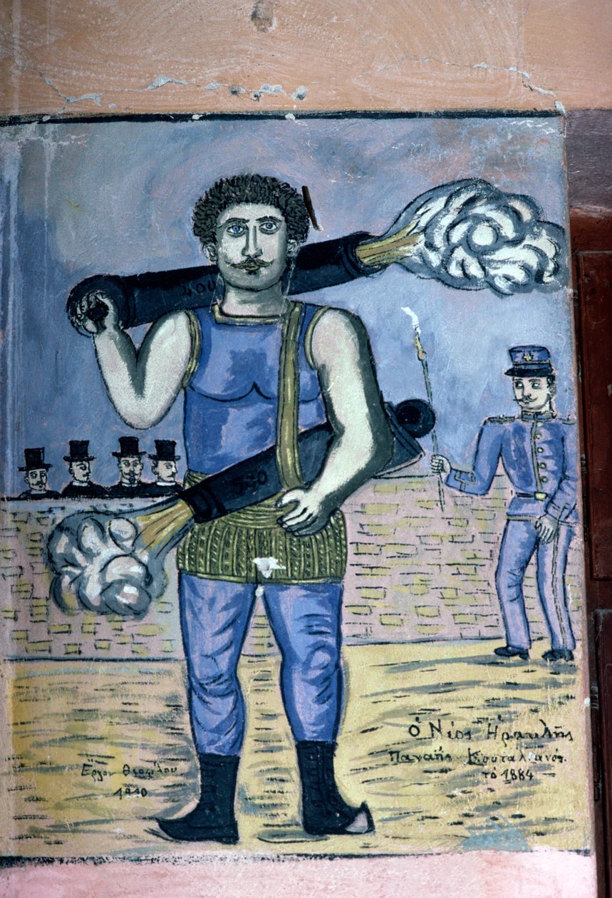 Panais Koutalianos (1847-1916)，持枪壮士，绘画灵感来自希腊民间文化，Theophilos Hatzimihail (1870-1934)，希腊 (照片) 作者 JB 和 Brown J. 和 Rowbotham