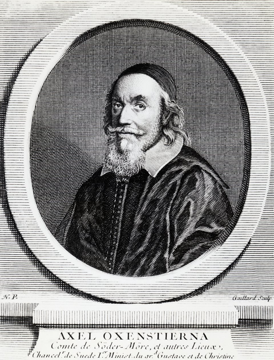 瑞典王国首相阿克塞尔-奥克森斯蒂尔纳-古斯塔夫松（1583-1654）的肖像，雕版画 作者 JB 和 Brown J. 和 Rowbotham